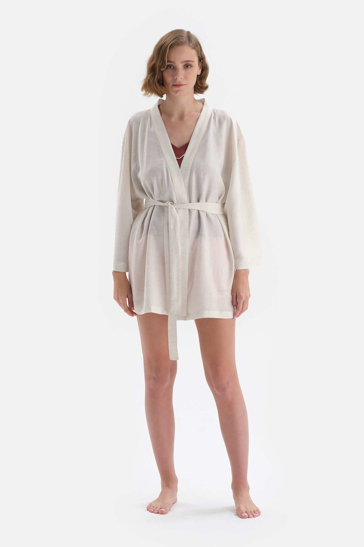 Taş Uzun Kol Sırt Detaylı Viskon-Keten Sabahlık