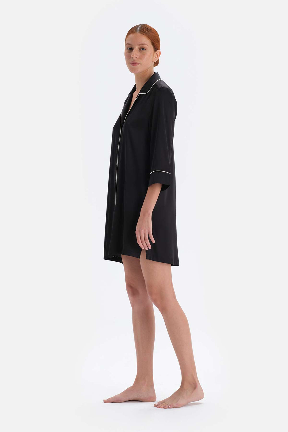 Siyah Biye Detaylı Gömlek Yaka Bride Saten Gecelik