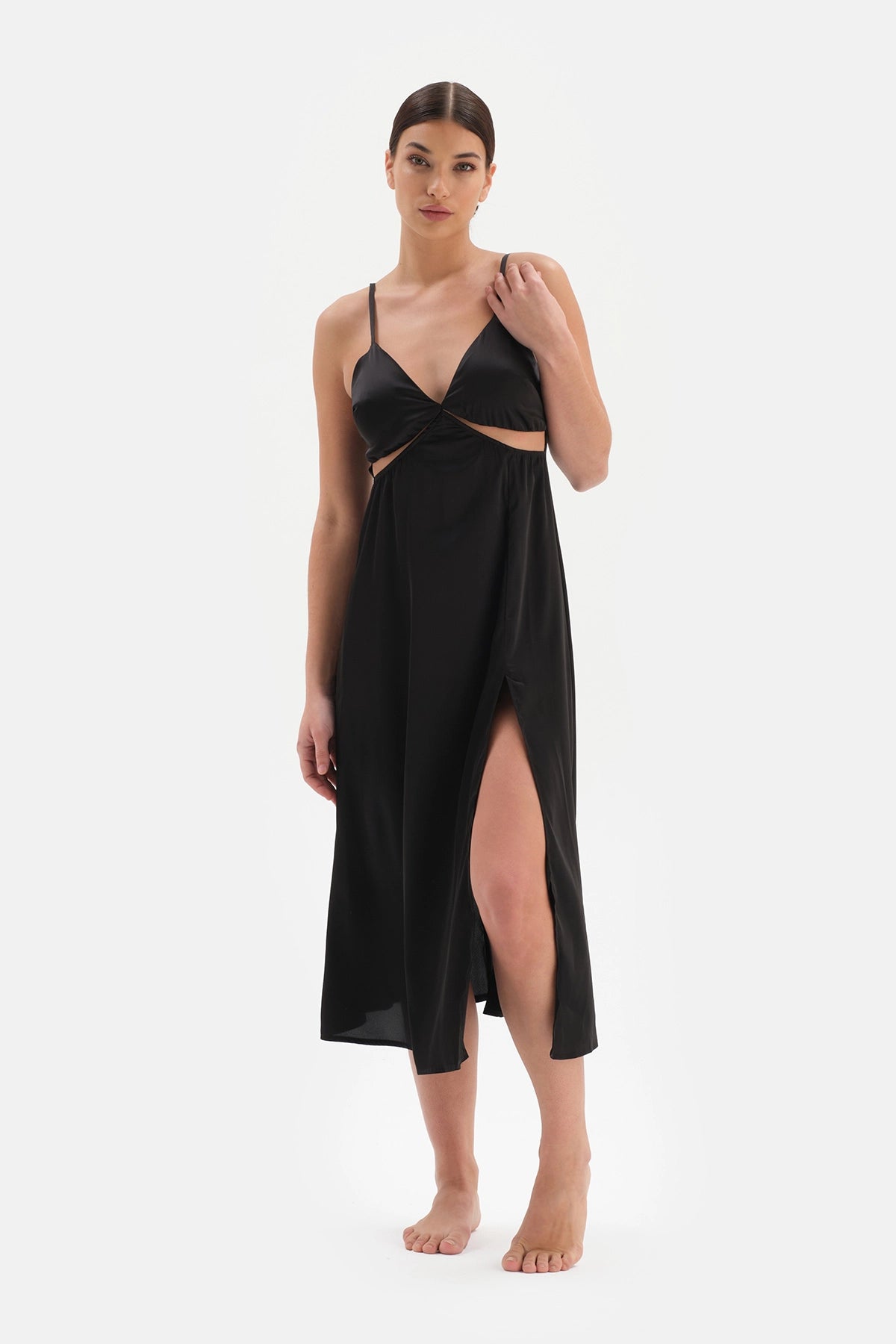 Siyah Yırtmaçlı Bride Saten Gecelik