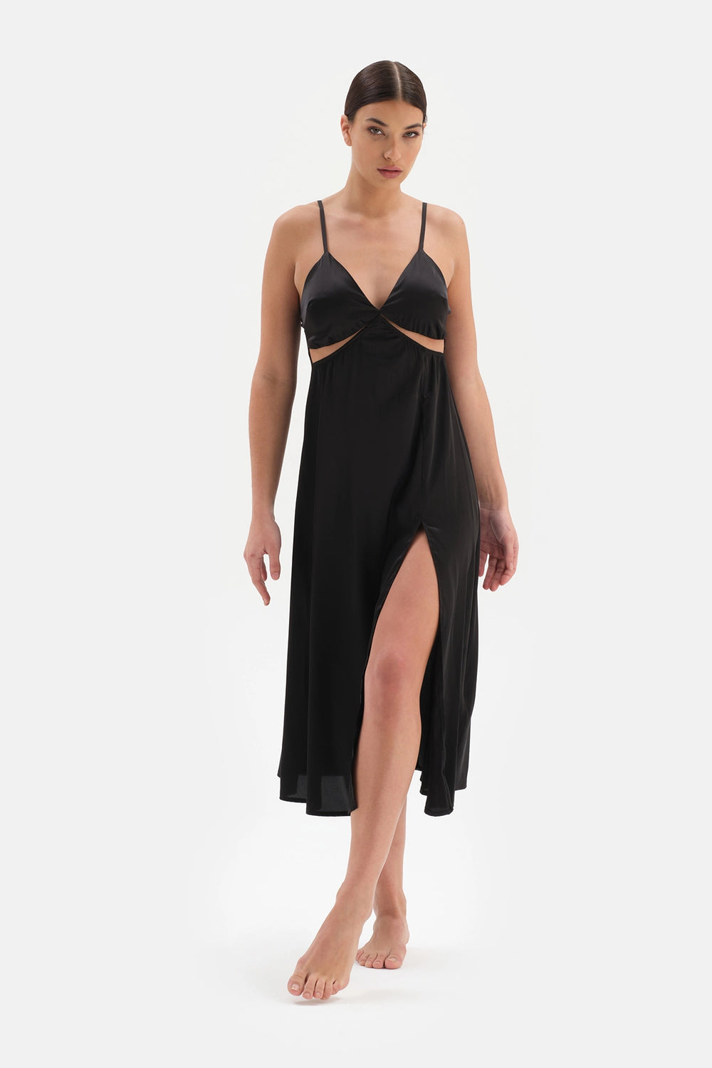 Siyah Yırtmaçlı Bride Saten Gecelik