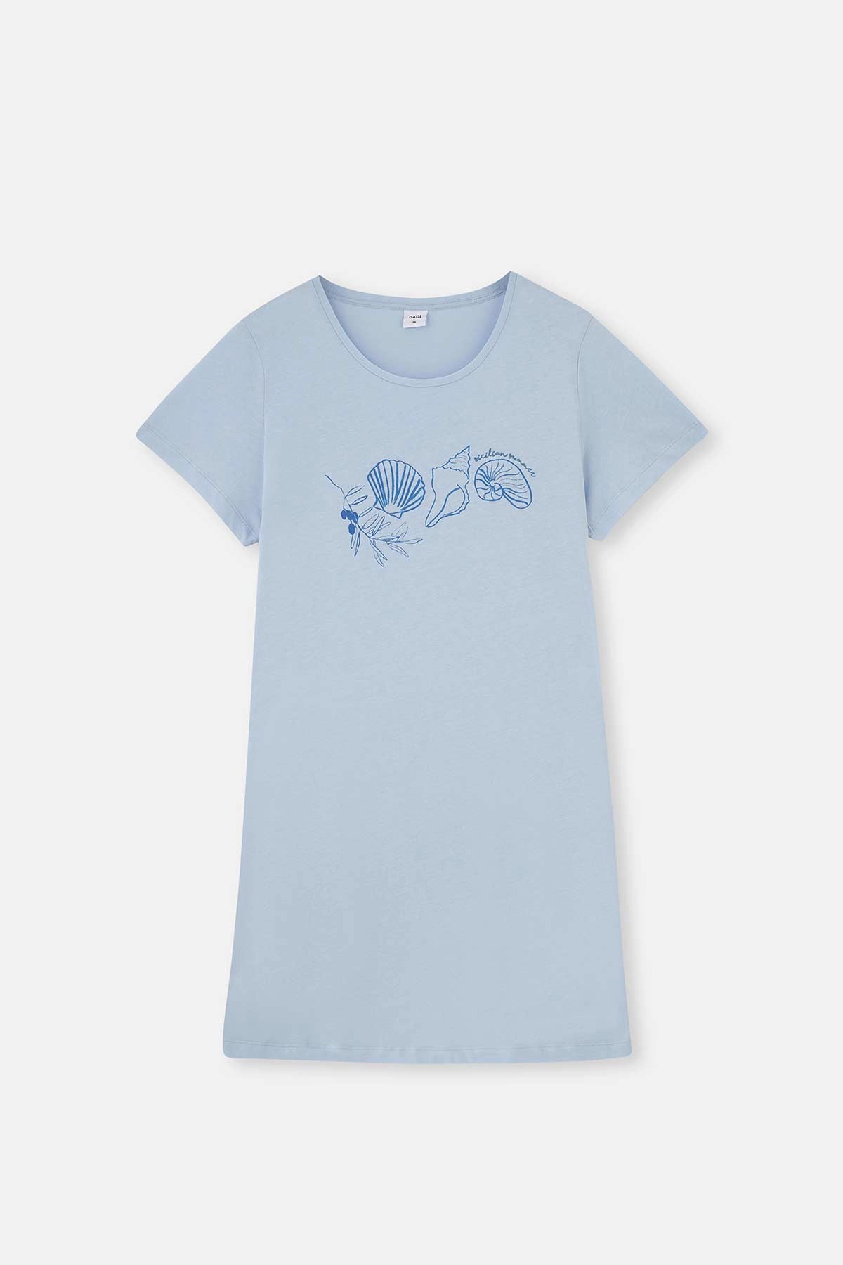 Açıkmavi Baskılı Yanları Yırtmaçlı Pamuklu Gecelik