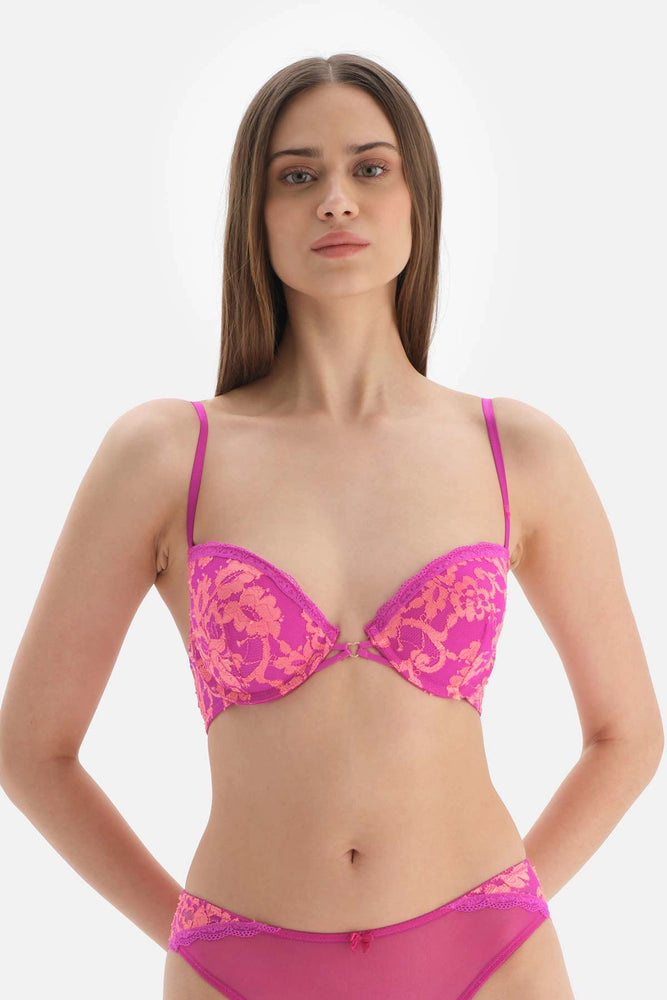 Pembe Kalp Detaylı Balenli Dantelli Sütyen