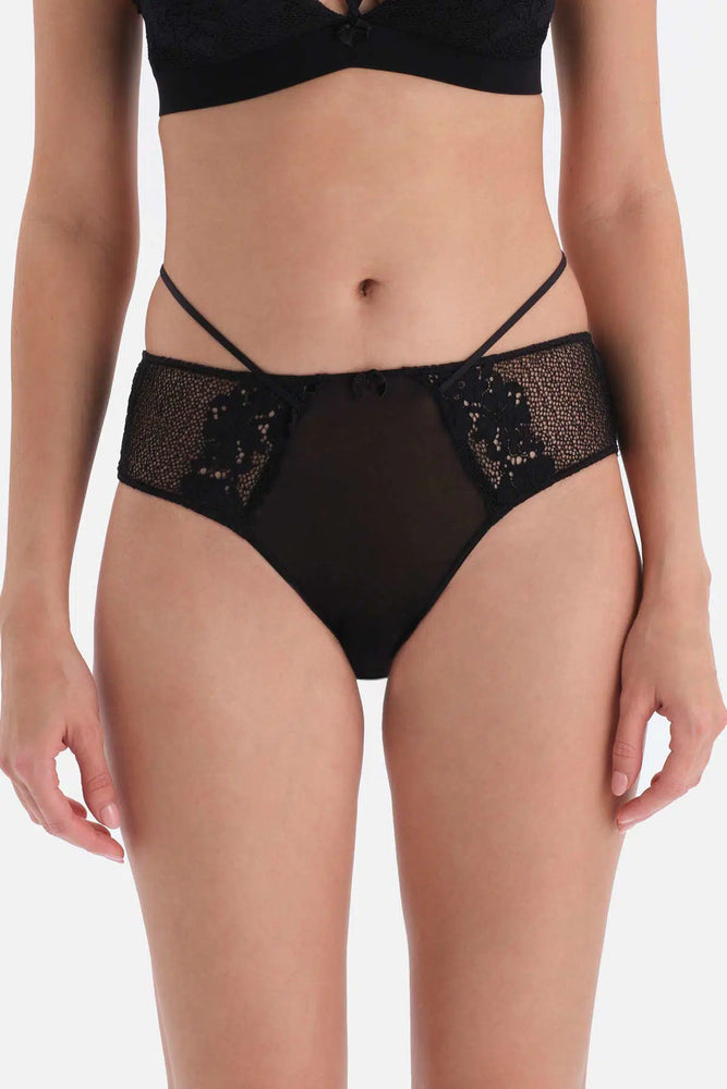 Siyah Dekolte Lastik Detaylı Dantelli Brazillian