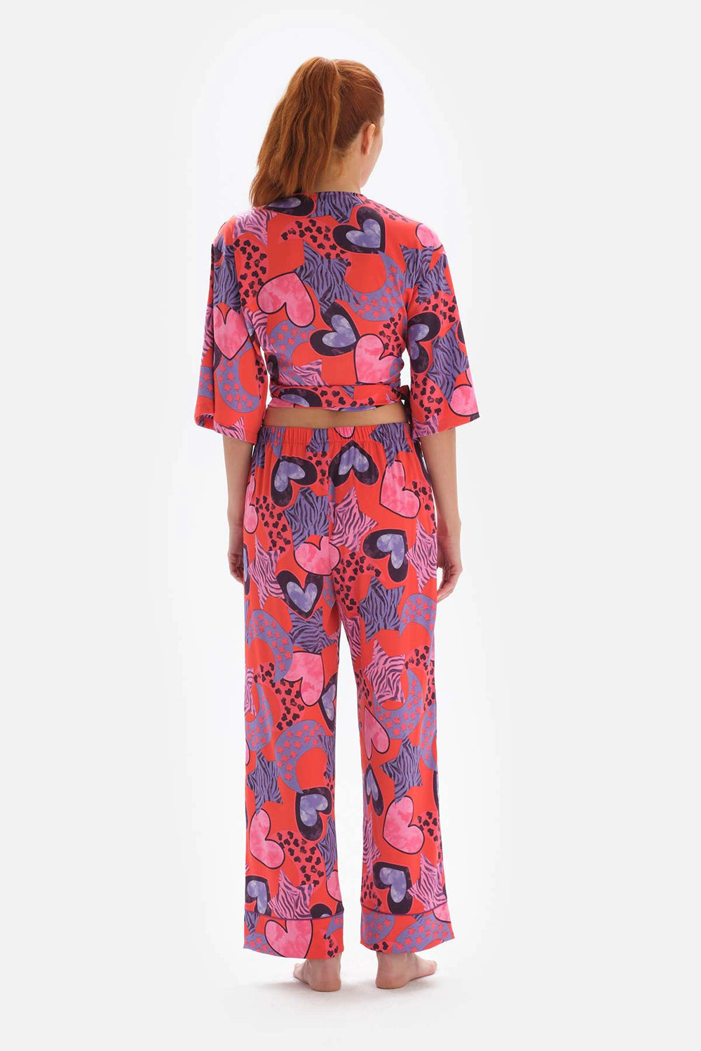 Nar Çiçeği Desenli Yüksek Bel Saten Pijama Altı