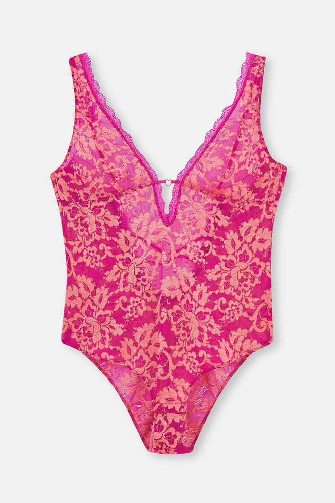 Pembe Şerit Detaylı Dantel Bodysuit