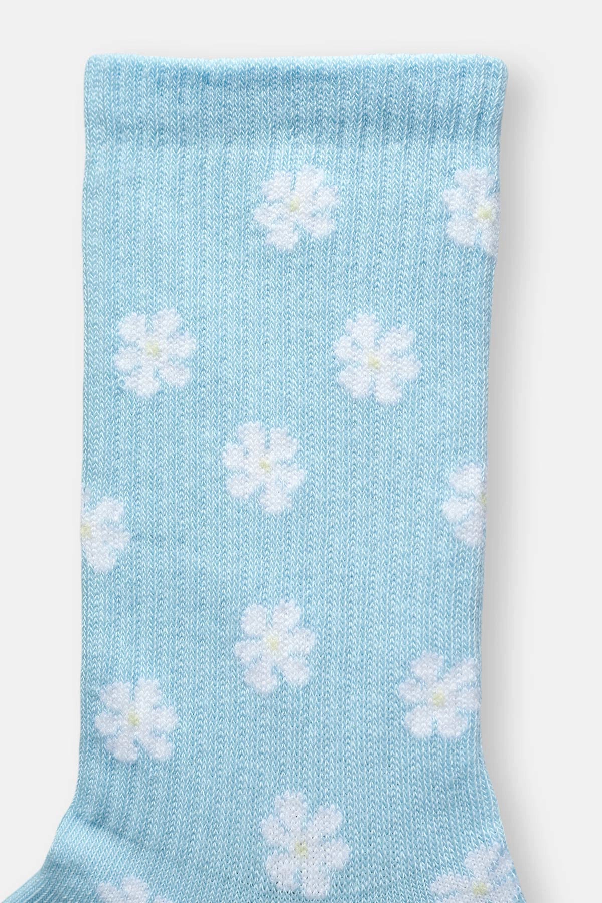 Açık Mavi Kadın Çiçek Desenli Çorap