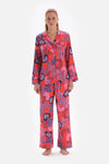 Nar Çiçeği Desenli Gömlek Yaka Saten Pijama Üstü