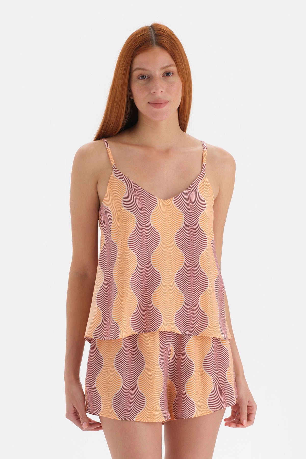 Sarı Simli Saten Atlet Pijama Üstü