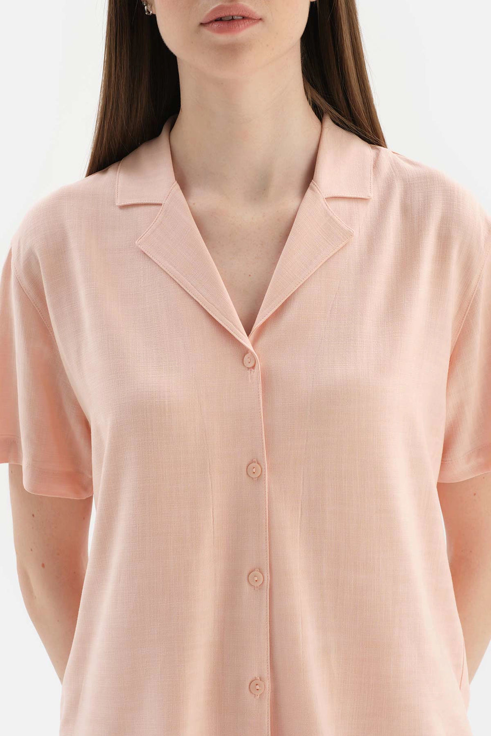 Açık Pembe Kısa Kollu Dokuma Gömlek