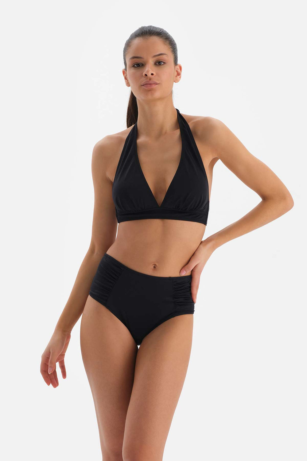 Siyah Yanı Drapeli Yüksel Bel Bikini Altı