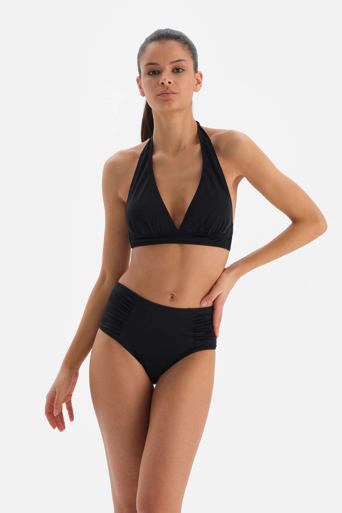 Siyah Yanı Drapeli Yüksel Bel Bikini Altı