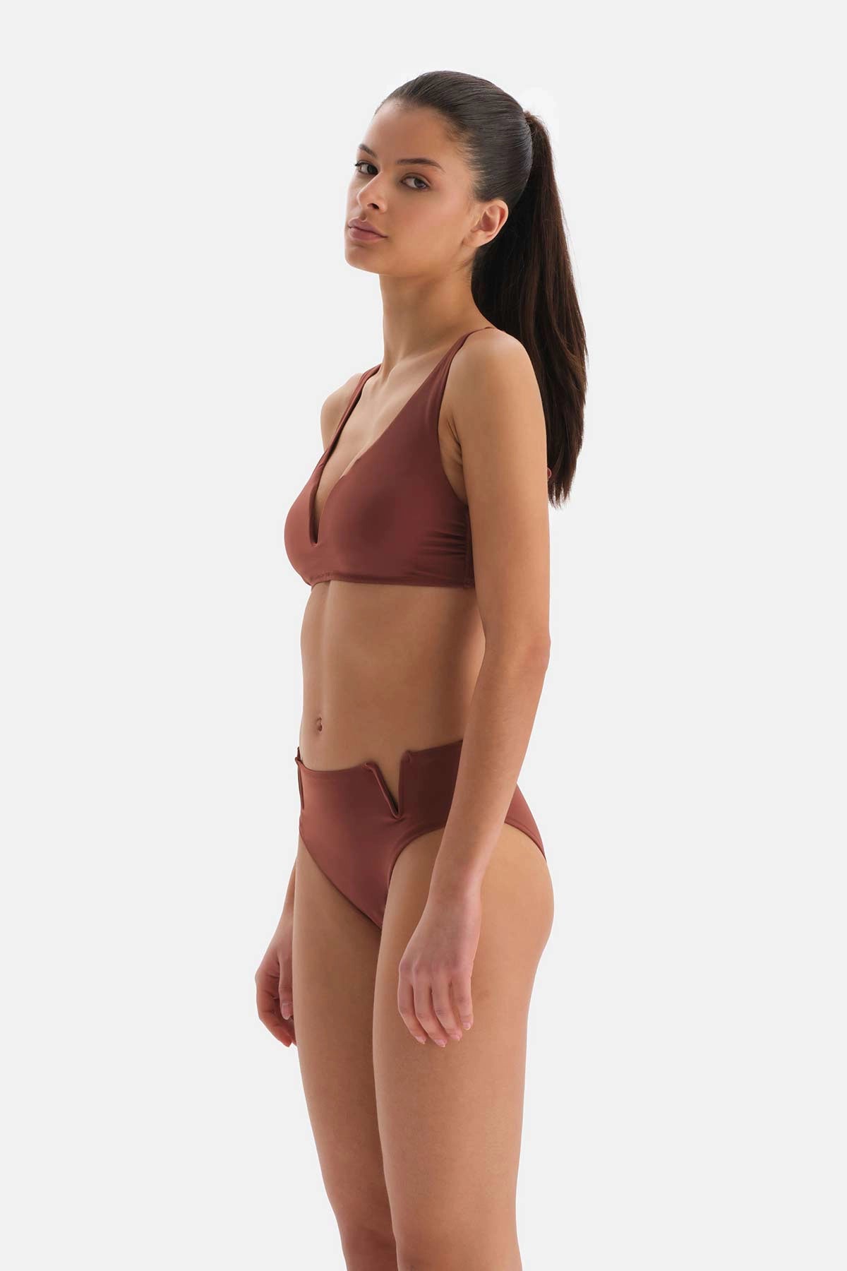 Kahve Üçgen Geniş V Tel Bikini Üstü