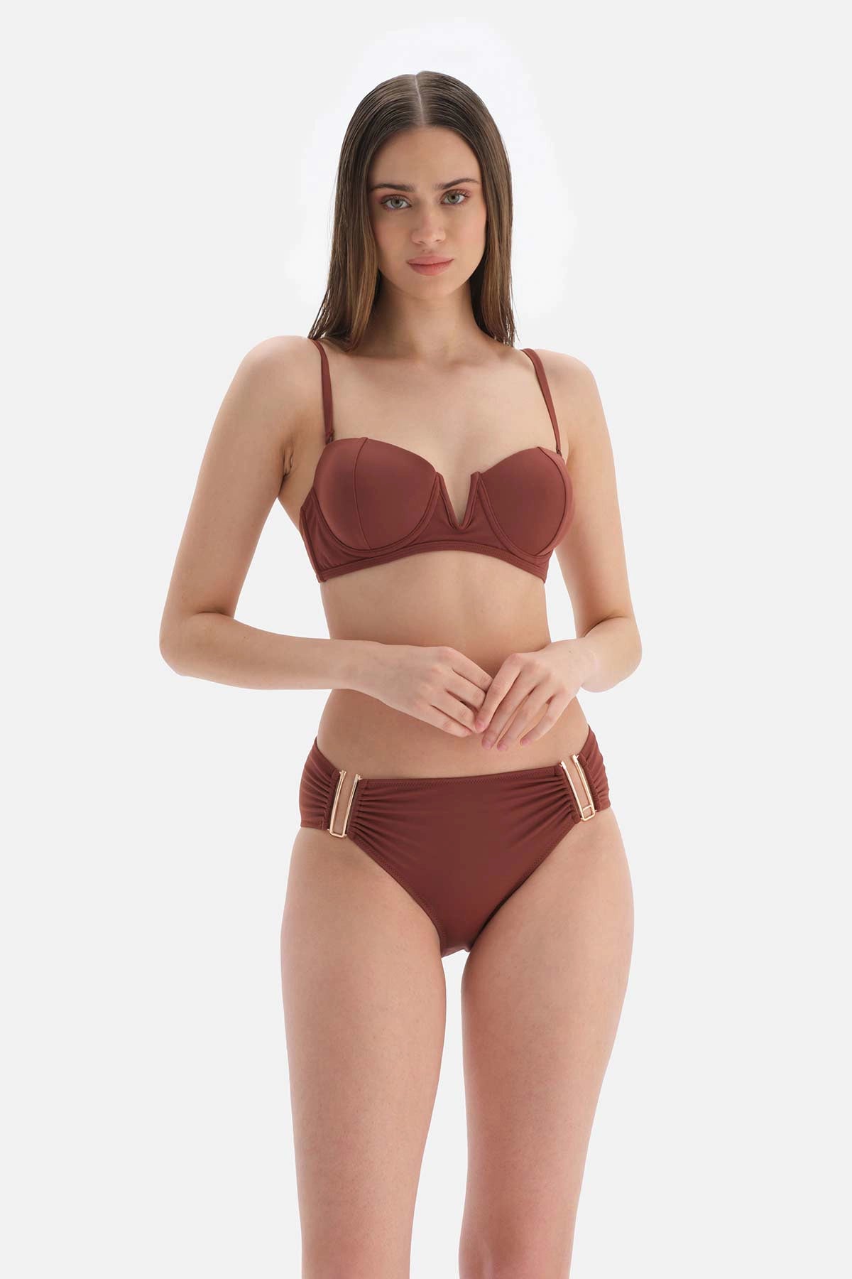 Kahve Straplez V Tel Bikini Üstü