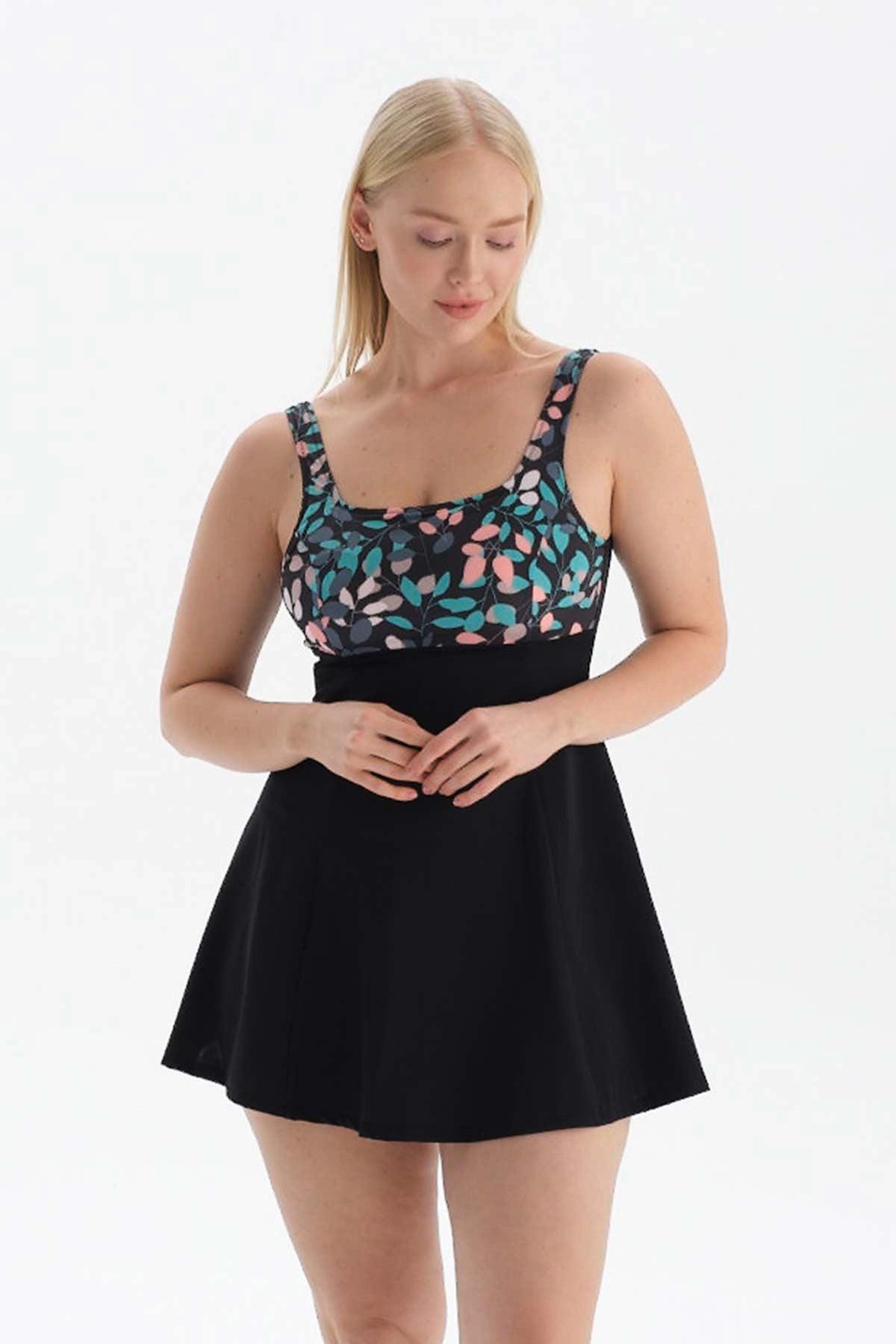 Siyah - Yeşil Korseli Toparlayıcı Etekli Mayo