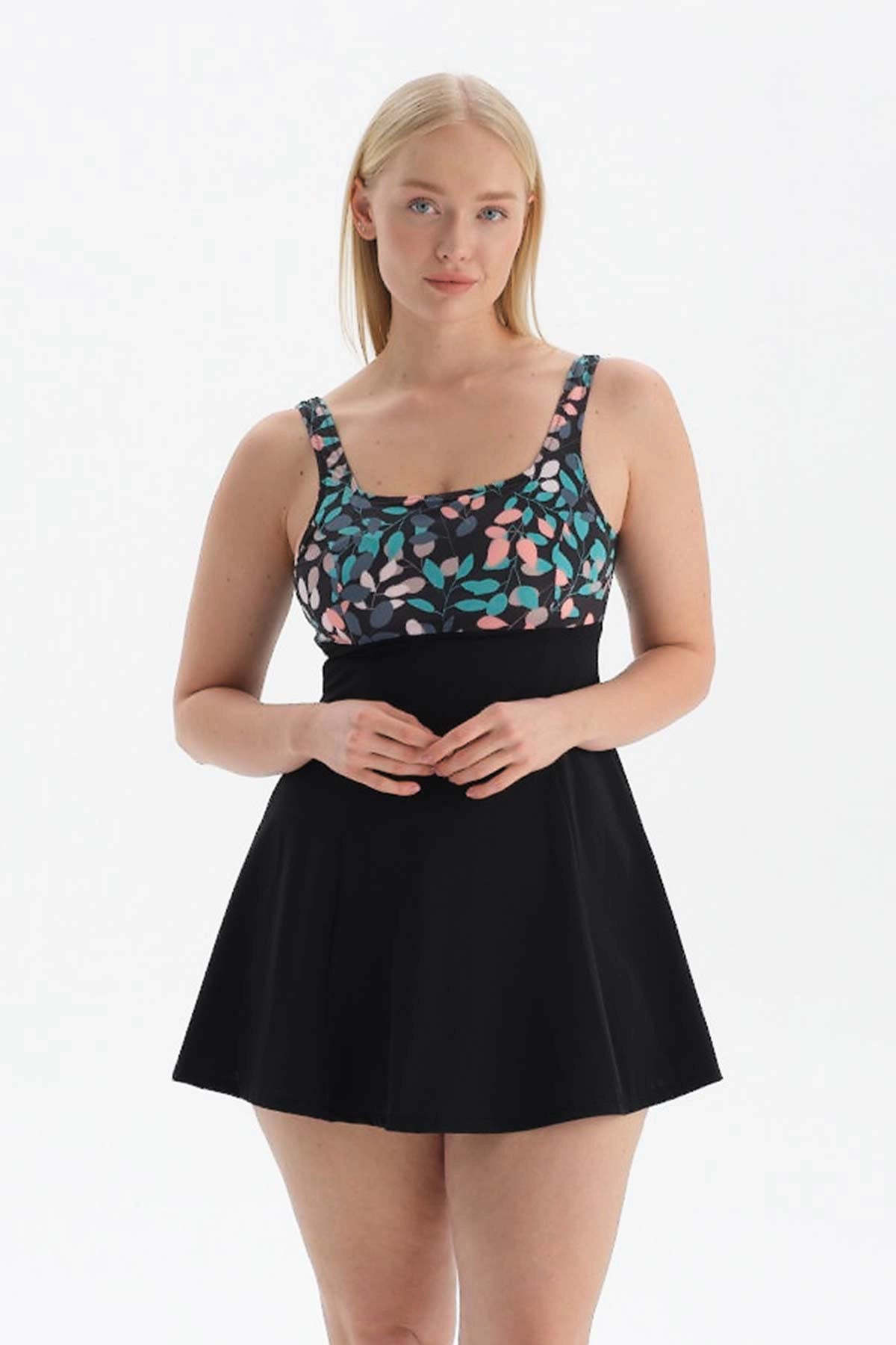 Siyah - Yeşil Korseli Toparlayıcı Etekli Mayo