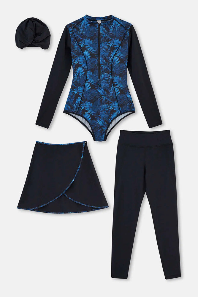 Siyah Fermuarlı Uzun Kol 4 Parçalı Tesettür Mayo Seti