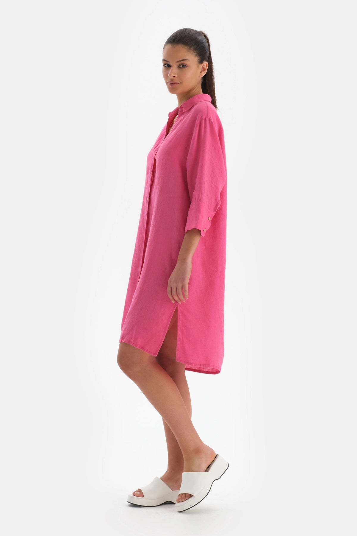 Fuşya Gömlek Yaka Uzun Keten Gömlek Pareo