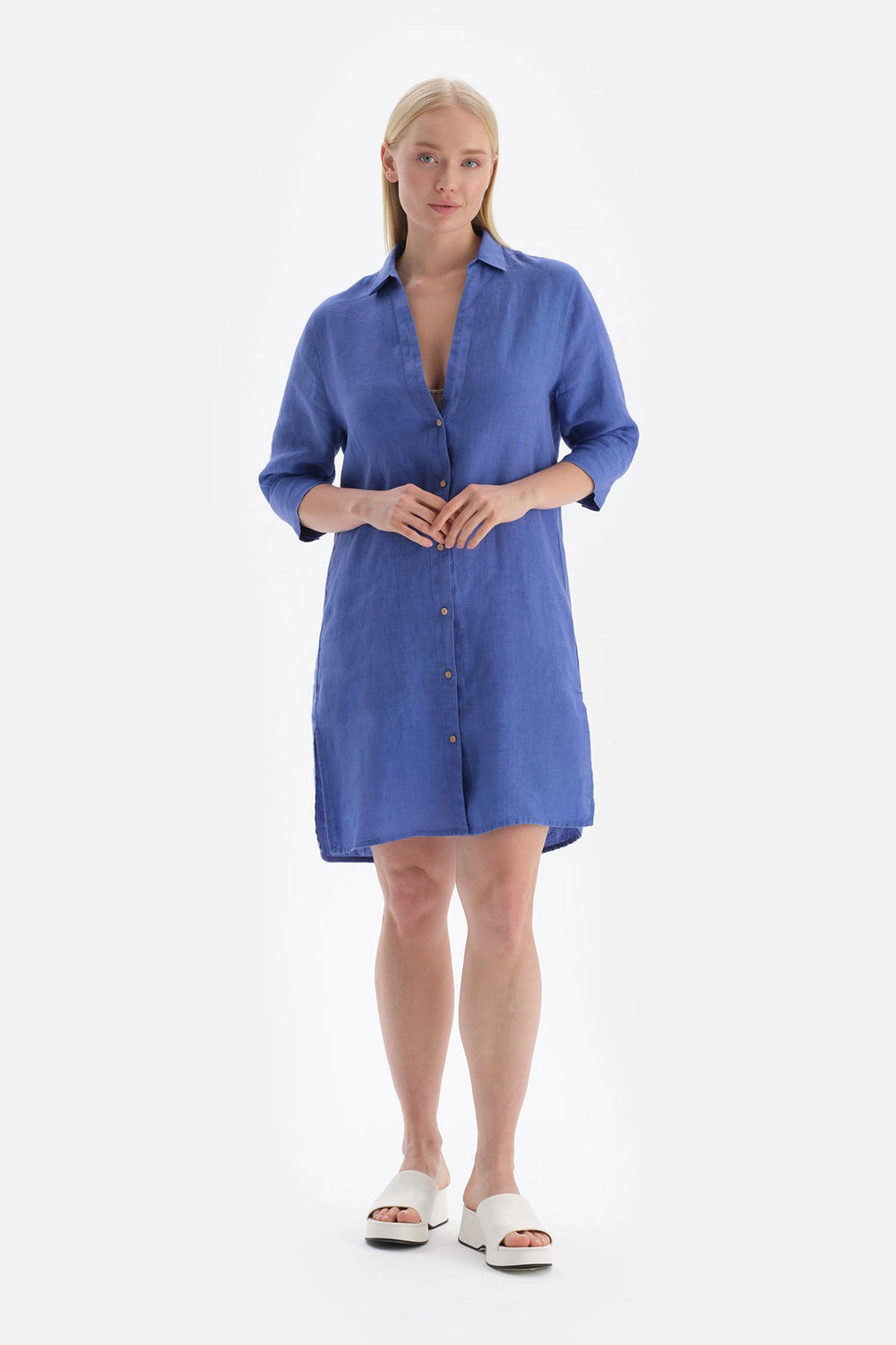 Mavi Gömlek Yaka Uzun Keten Gömlek Pareo