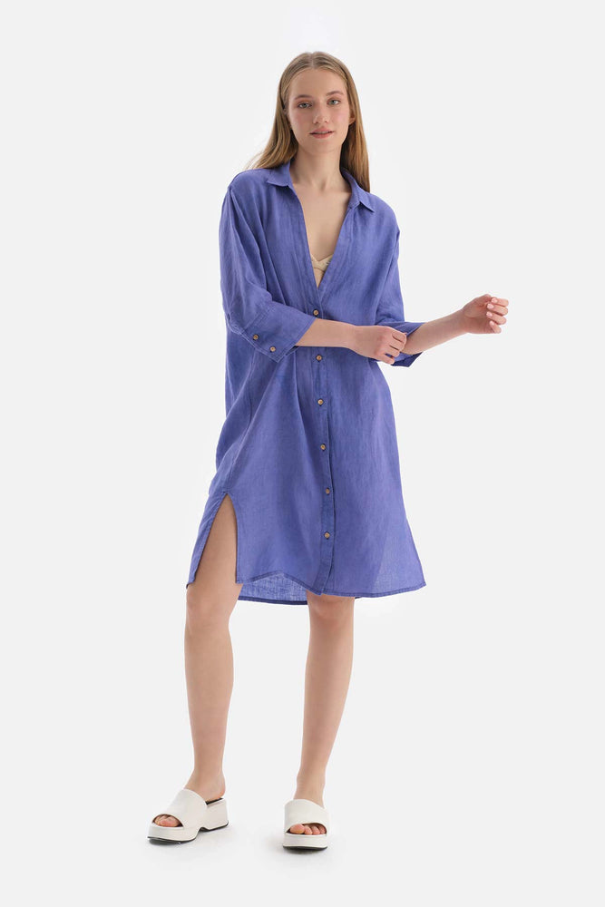 Mavi Gömlek Yaka Uzun Keten Gömlek Pareo