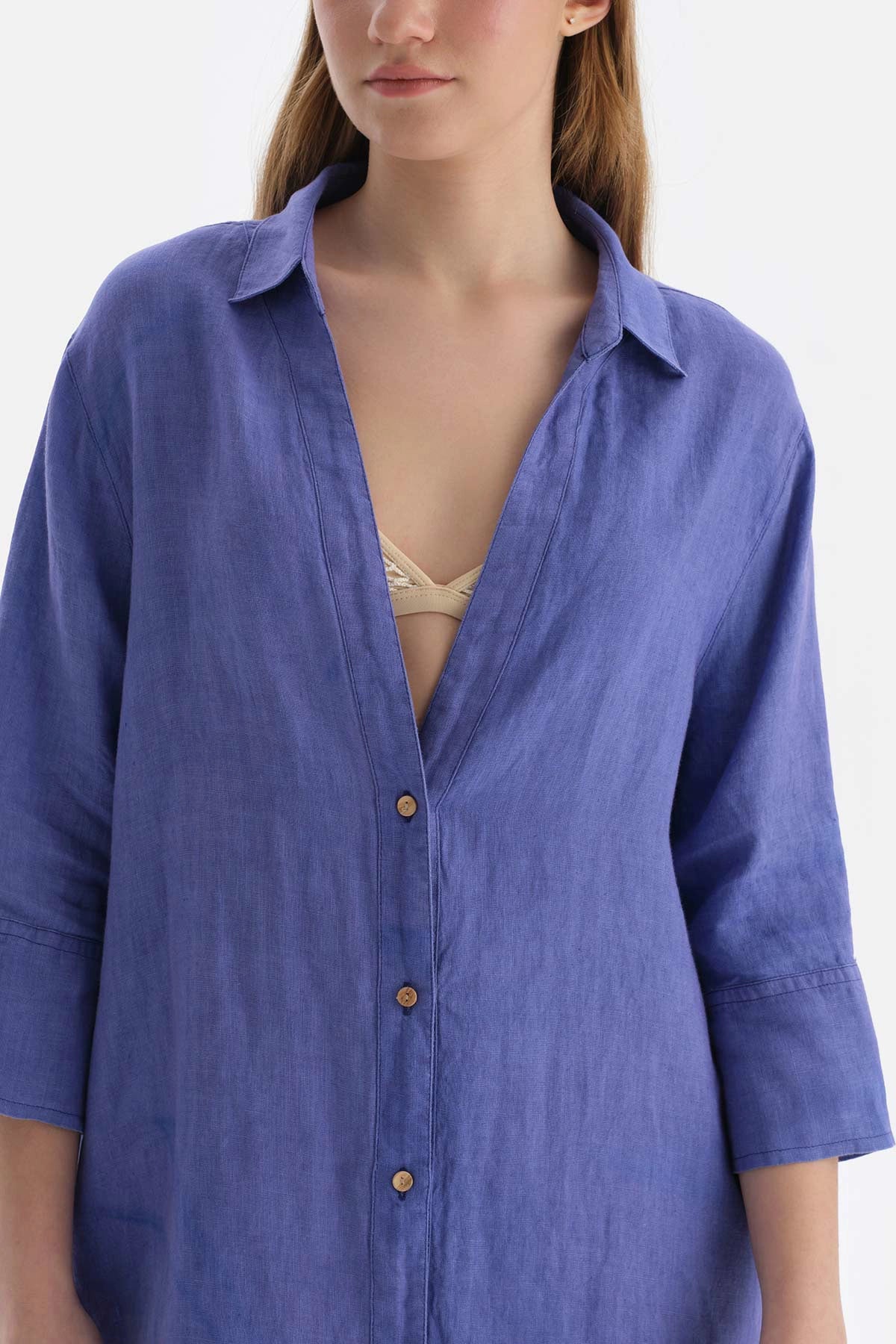 Mavi Gömlek Yaka Uzun Keten Gömlek Pareo