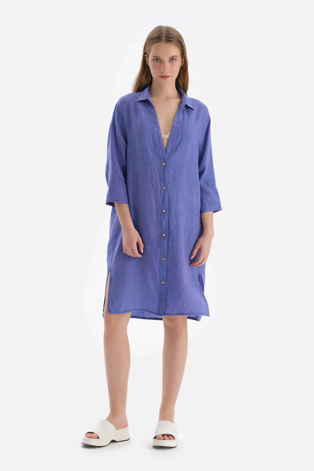 Mavi Gömlek Yaka Uzun Keten Gömlek Pareo