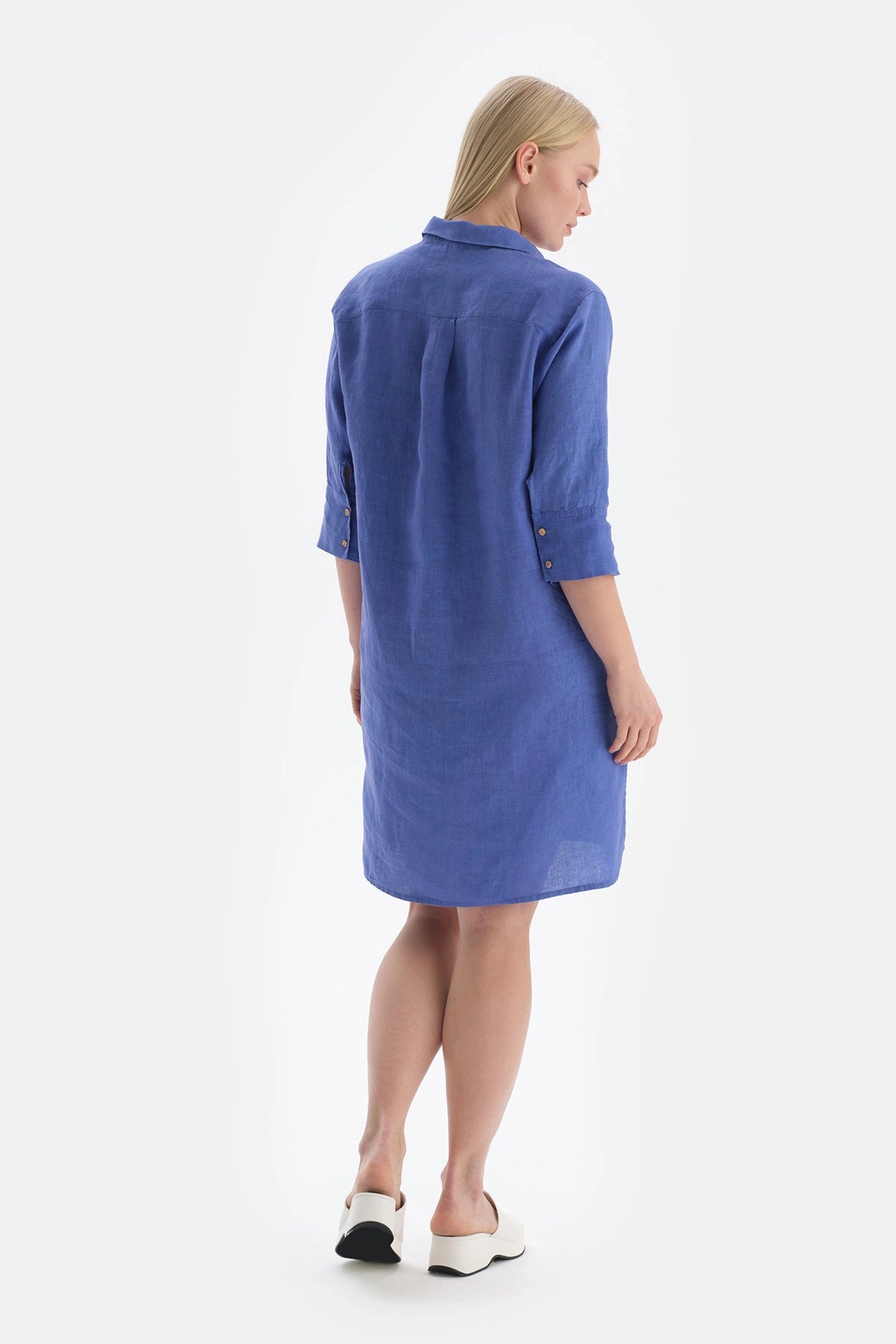 Mavi Gömlek Yaka Uzun Keten Gömlek Pareo