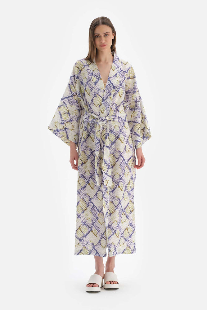 Yeşil - Mavi Keten Uzun Kimono