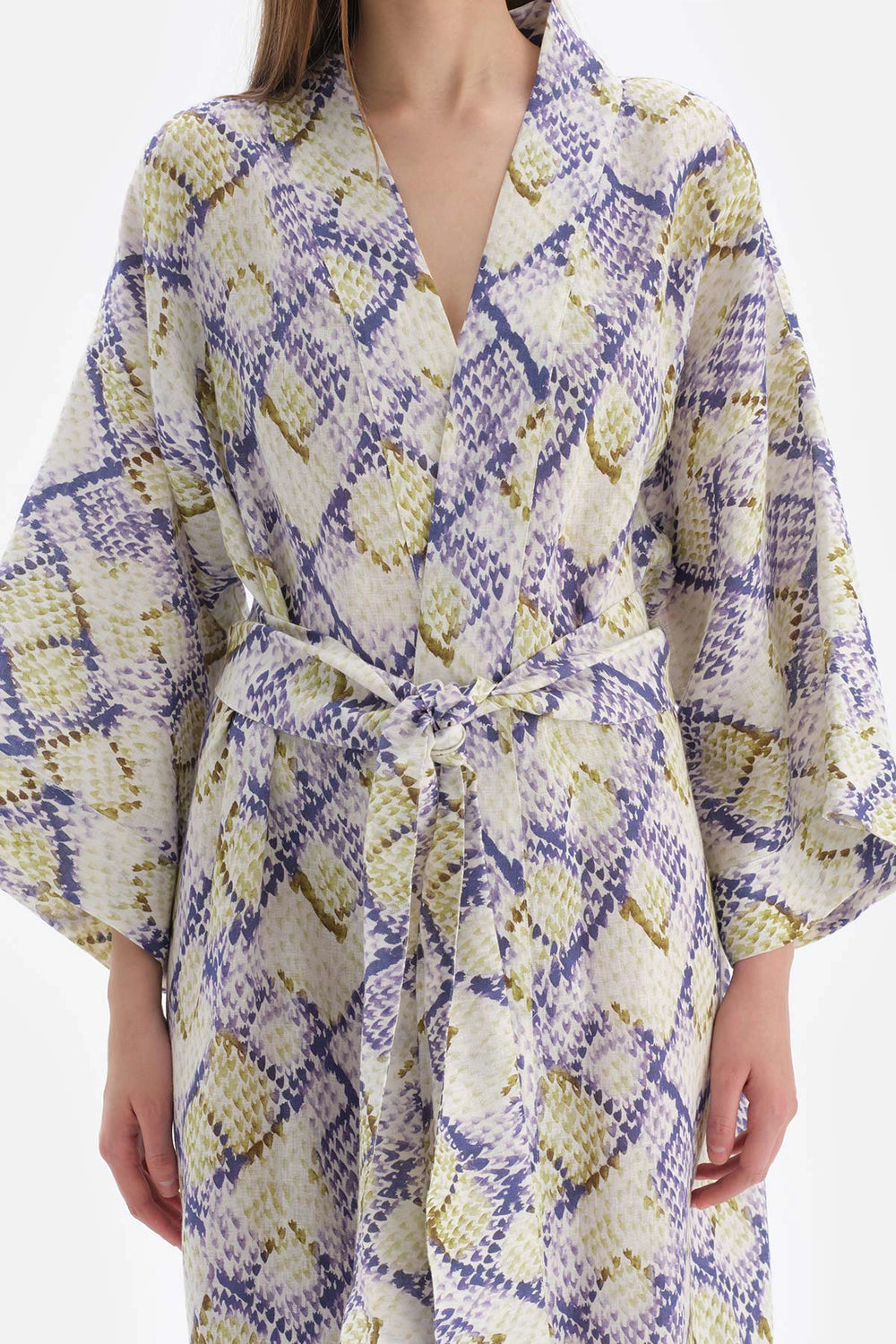 Yeşil - Mavi Keten Uzun Kimono