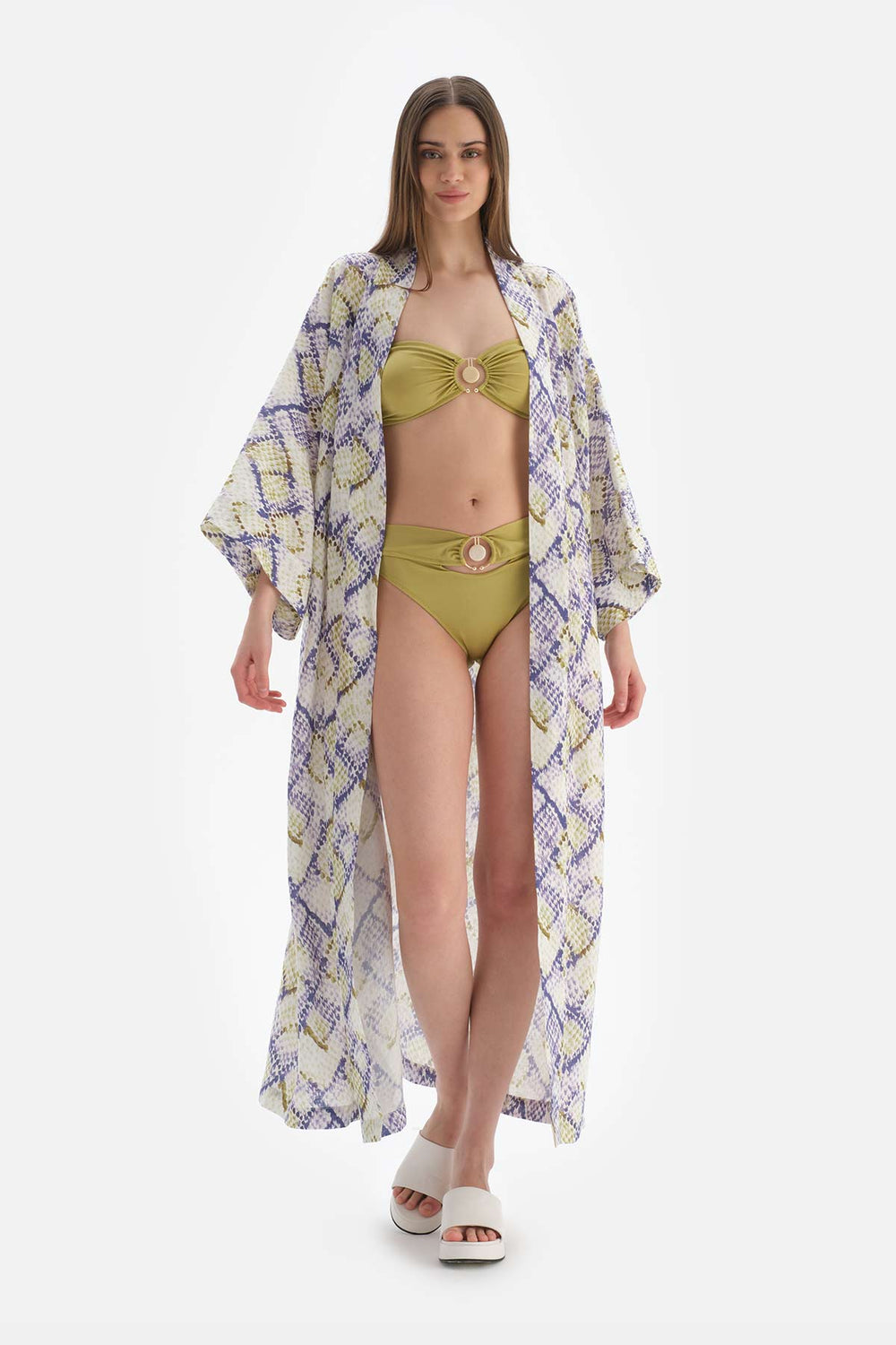 Yeşil - Mavi Keten Uzun Kimono