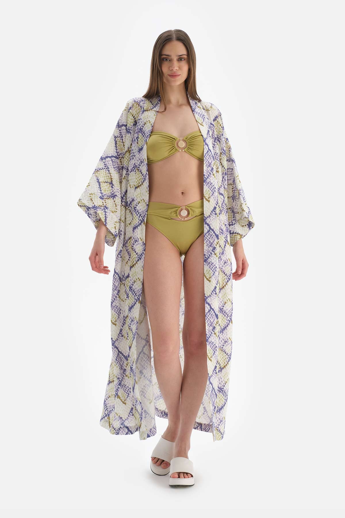 Yeşil - Mavi Keten Uzun Kimono