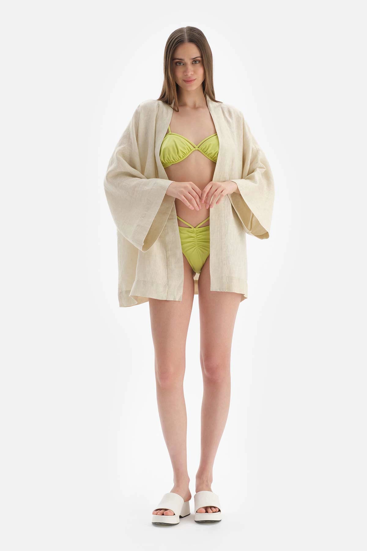 Bej Keten Kısa Kimono
