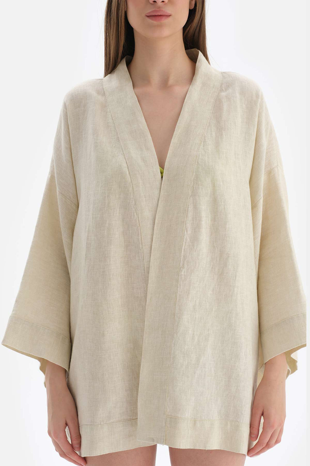 Bej Keten Kısa Kimono