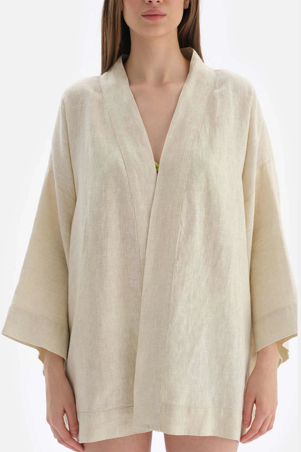 Bej Keten Kısa Kimono