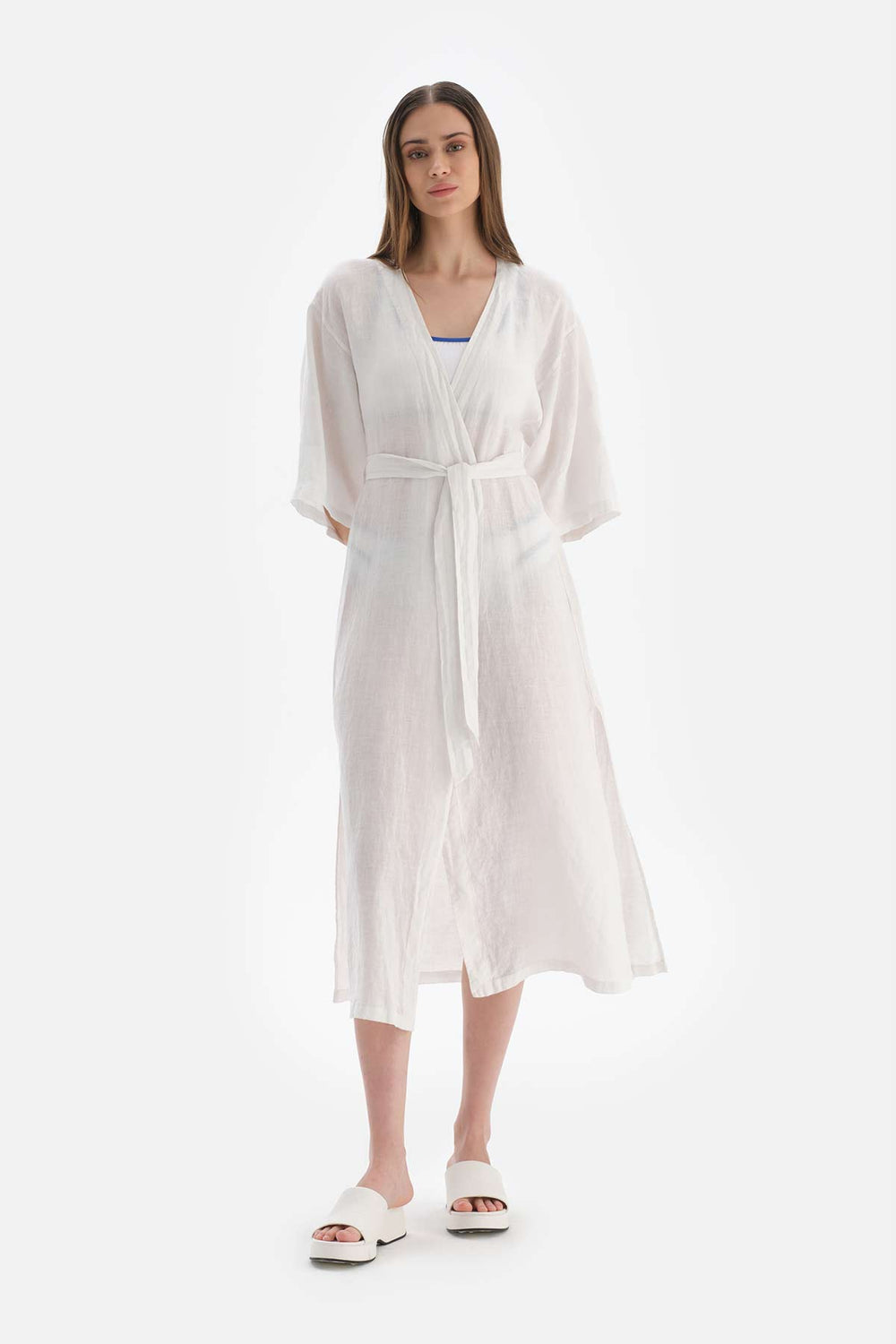 Beyaz Keten Uzun Kimono