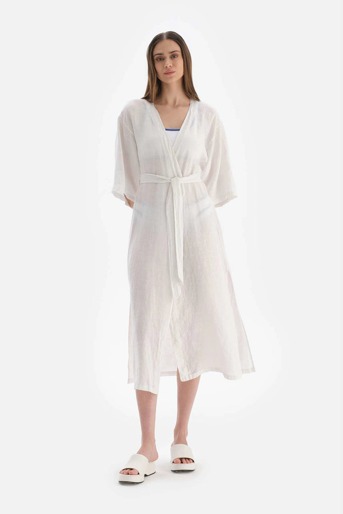 Beyaz Keten Uzun Kimono