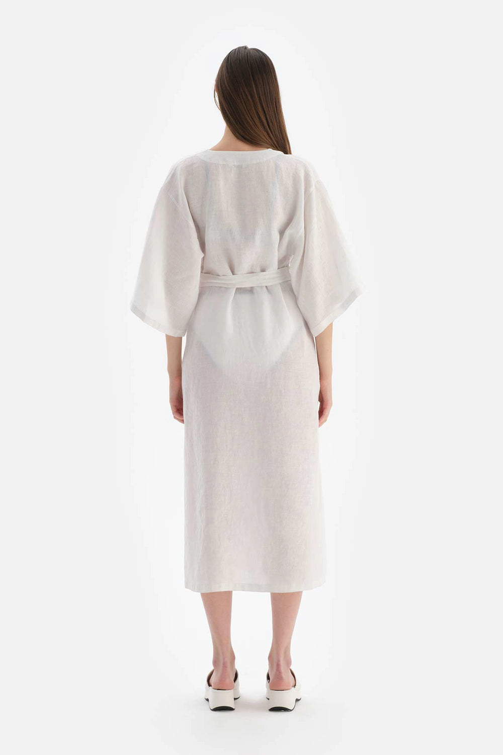 Beyaz Keten Uzun Kimono
