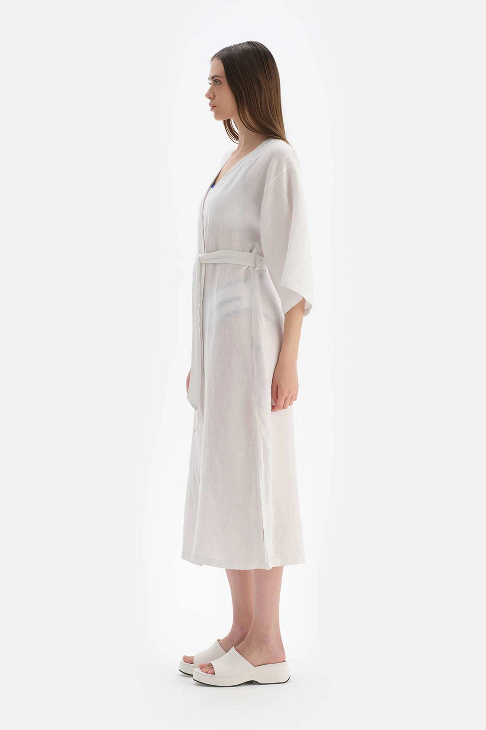 Beyaz Keten Uzun Kimono