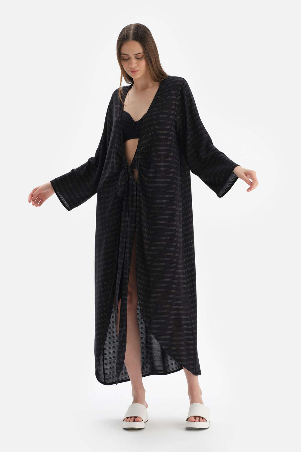 Siyah Uzun Kol Viskon Kimono