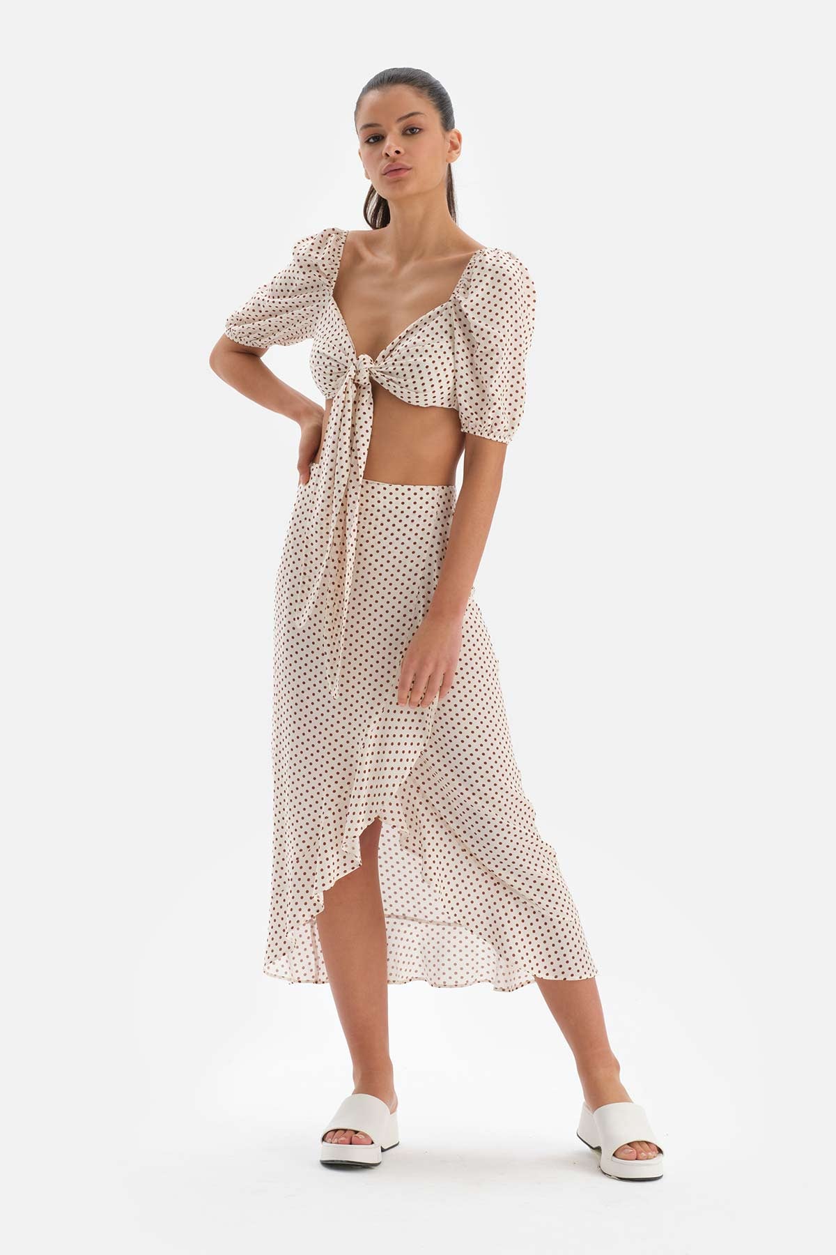 Ekru-Kahve Bağlamalı Etek