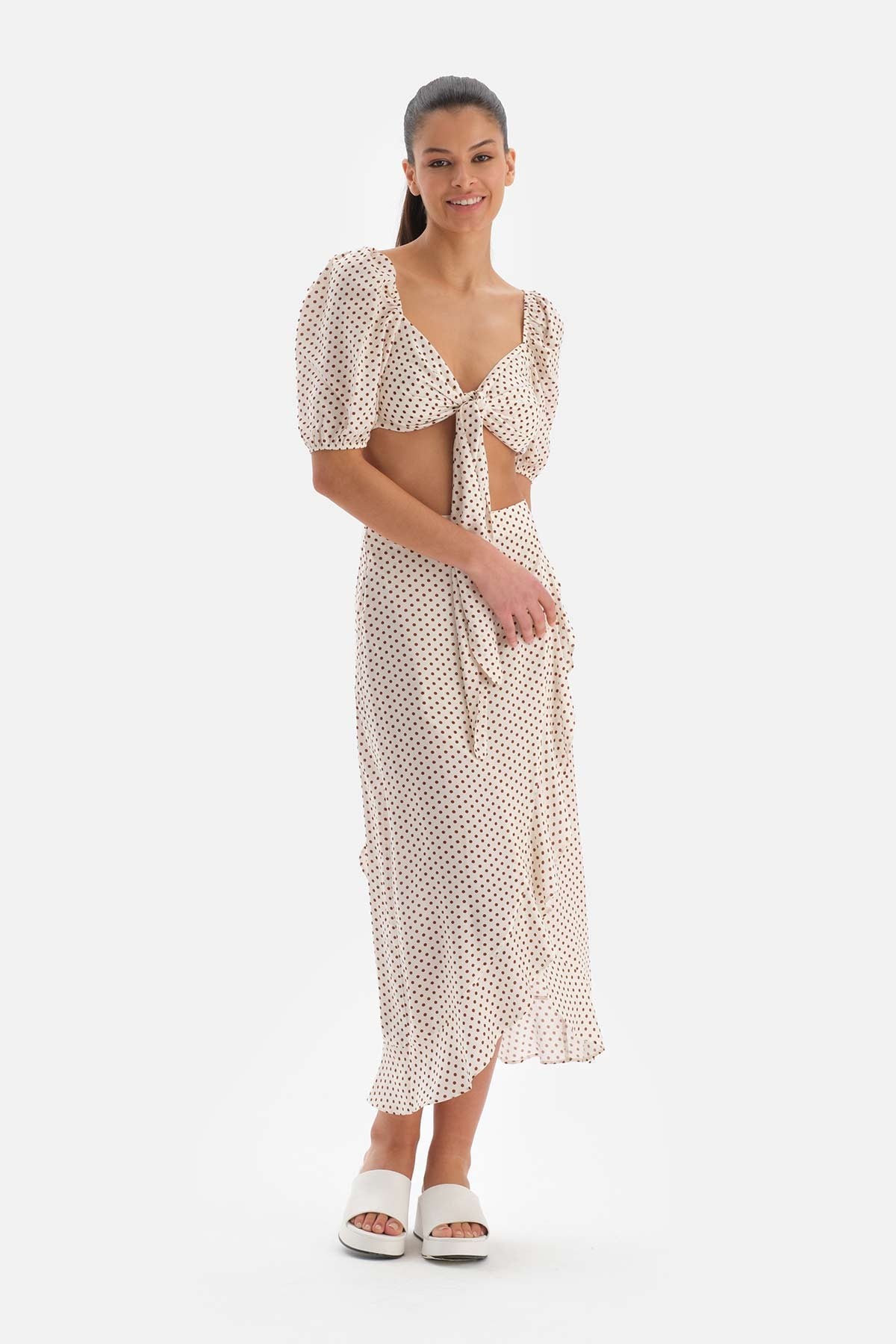 Ekru-Kahve Bağlamalı Etek