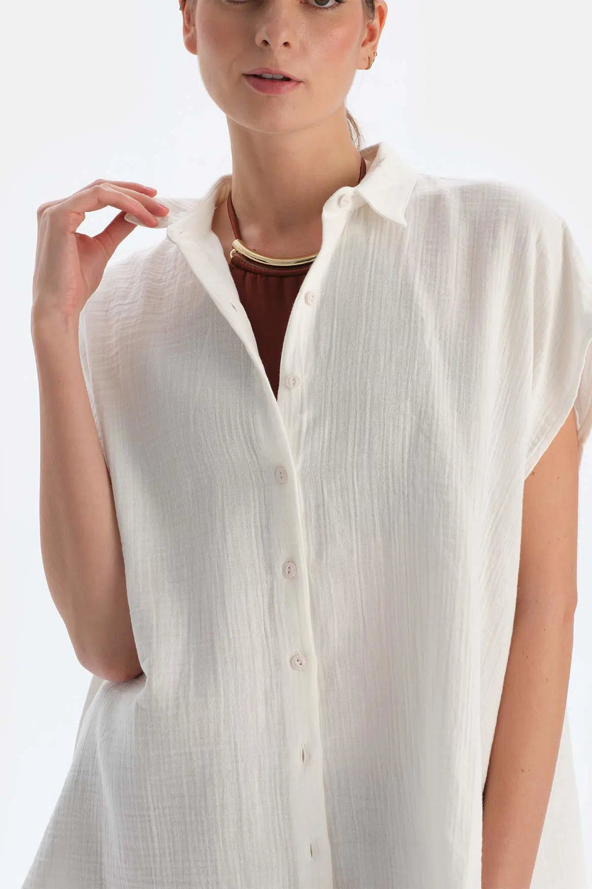 Ekru Müslin Uzun Gömlek