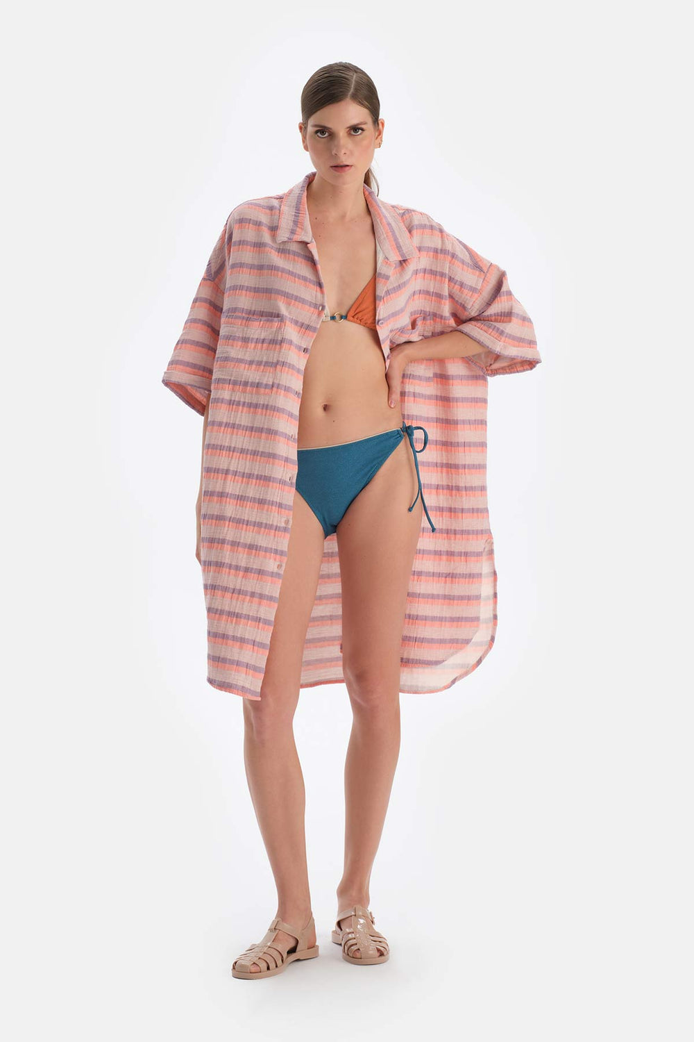 Turuncu - Bej Müslin Uzun Gömlek