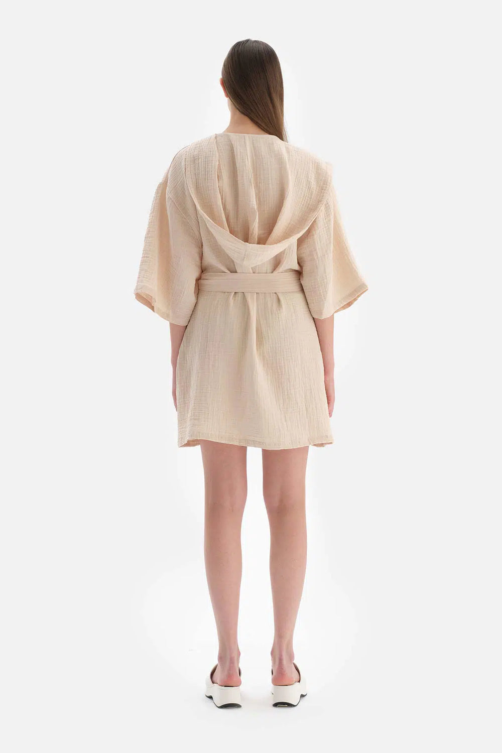 Bej Müslin Kapişonlu Kısa Kimono