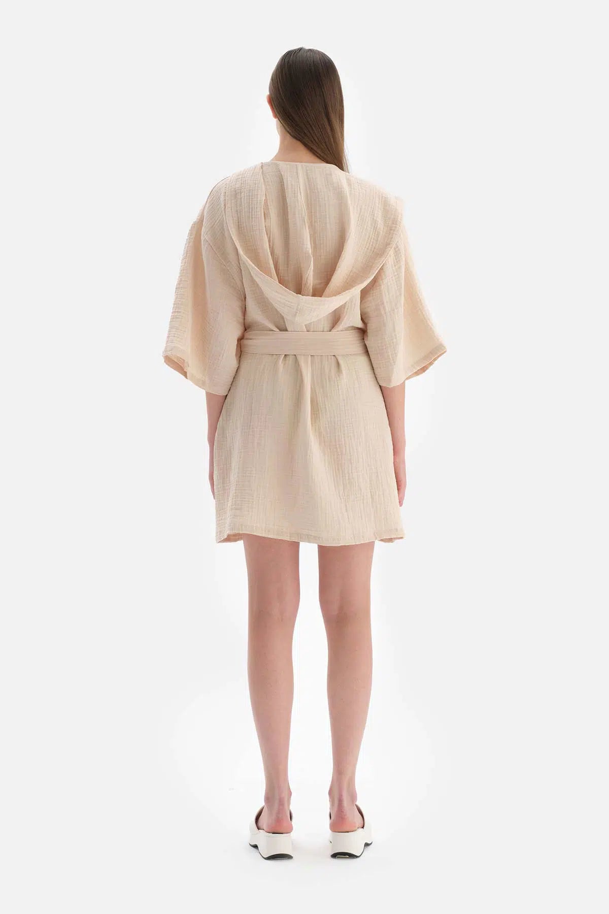 Bej Müslin Kapişonlu Kısa Kimono