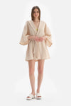 Bej Müslin Kapişonlu Kısa Kimono