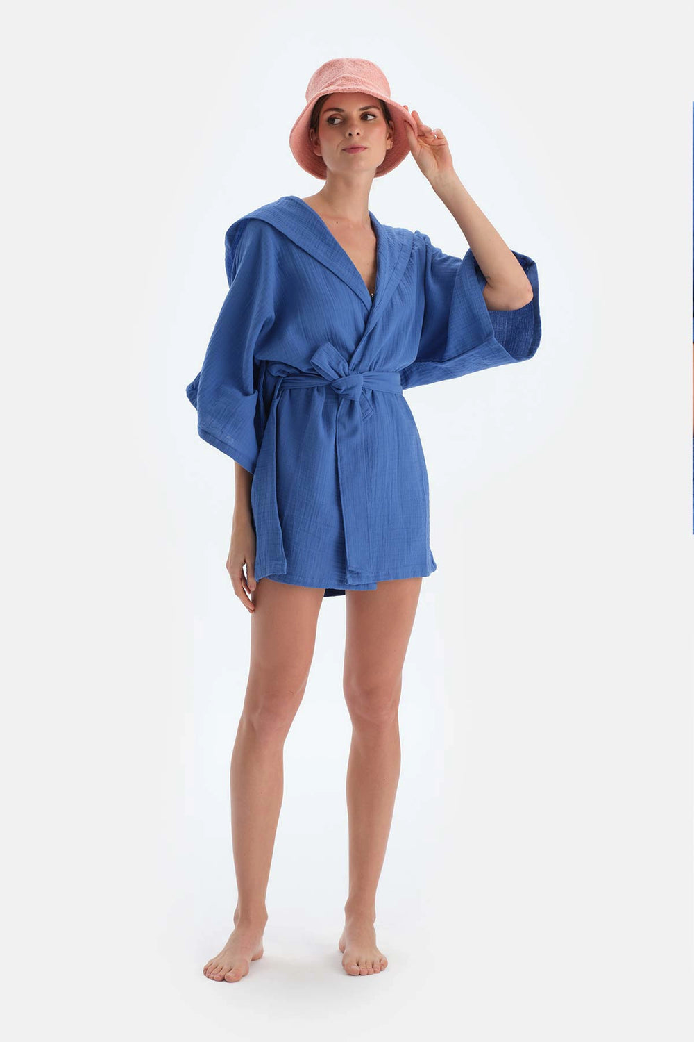 Mavi Müslin Kapişonlu Kısa Kimono