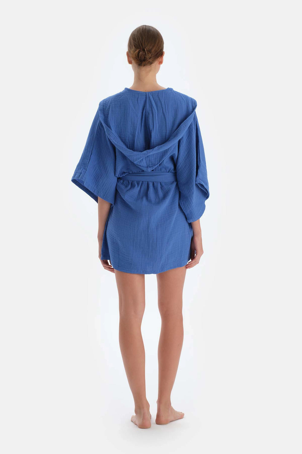 Mavi Müslin Kapişonlu Kısa Kimono