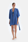 Mavi Müslin Kapişonlu Kısa Kimono