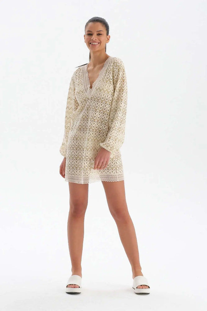 Ekru Uzun Kol Kısa Elbise