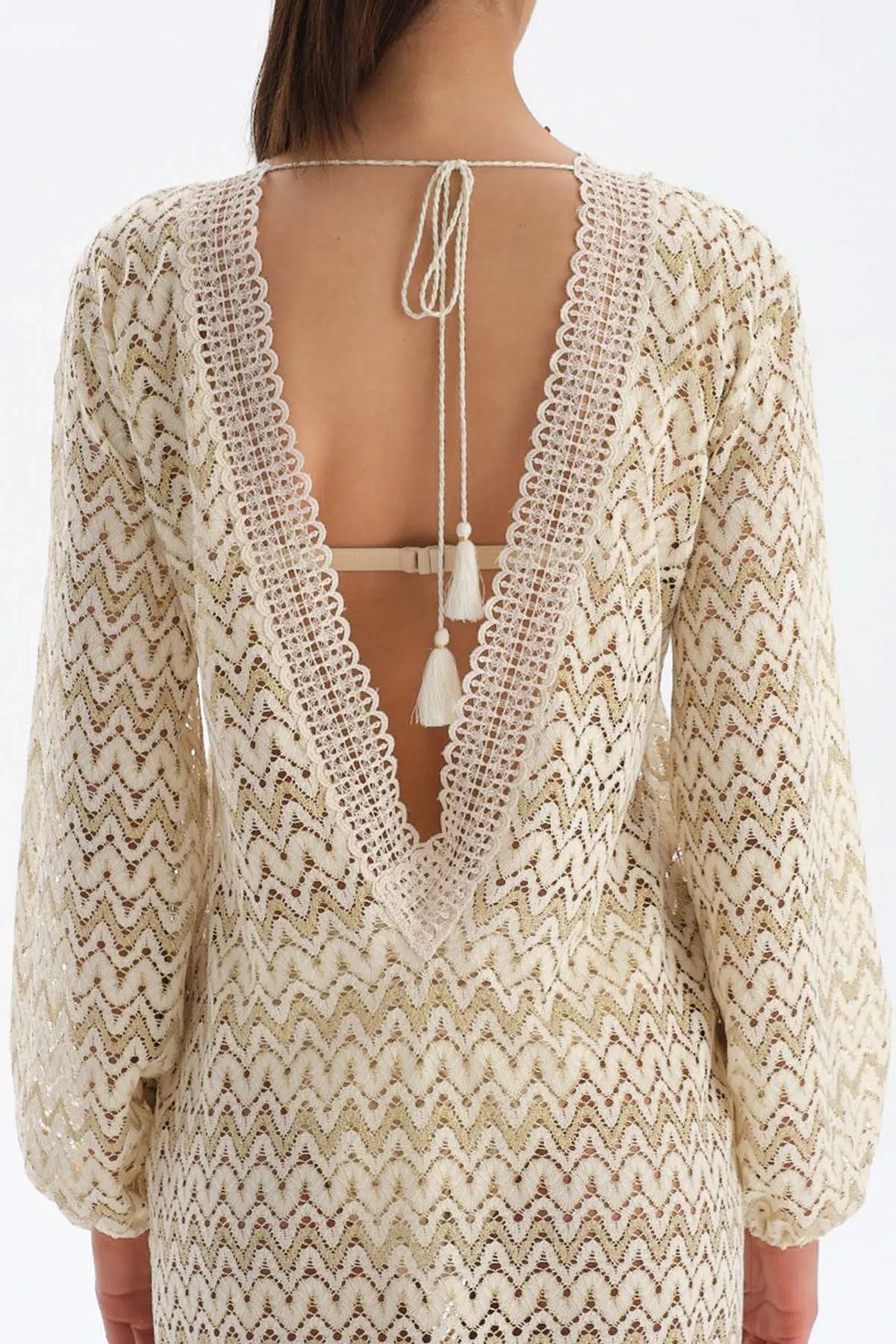 Ekru Uzun Kol Kısa Elbise